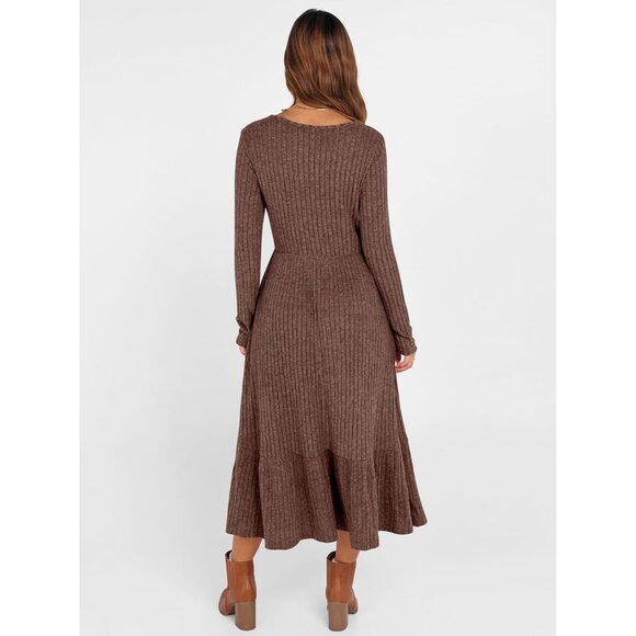 Womens Long Sleeve Midi Dress Rib Knit Crew Neck A Line Flowy Casual - Picture 5 of 7
